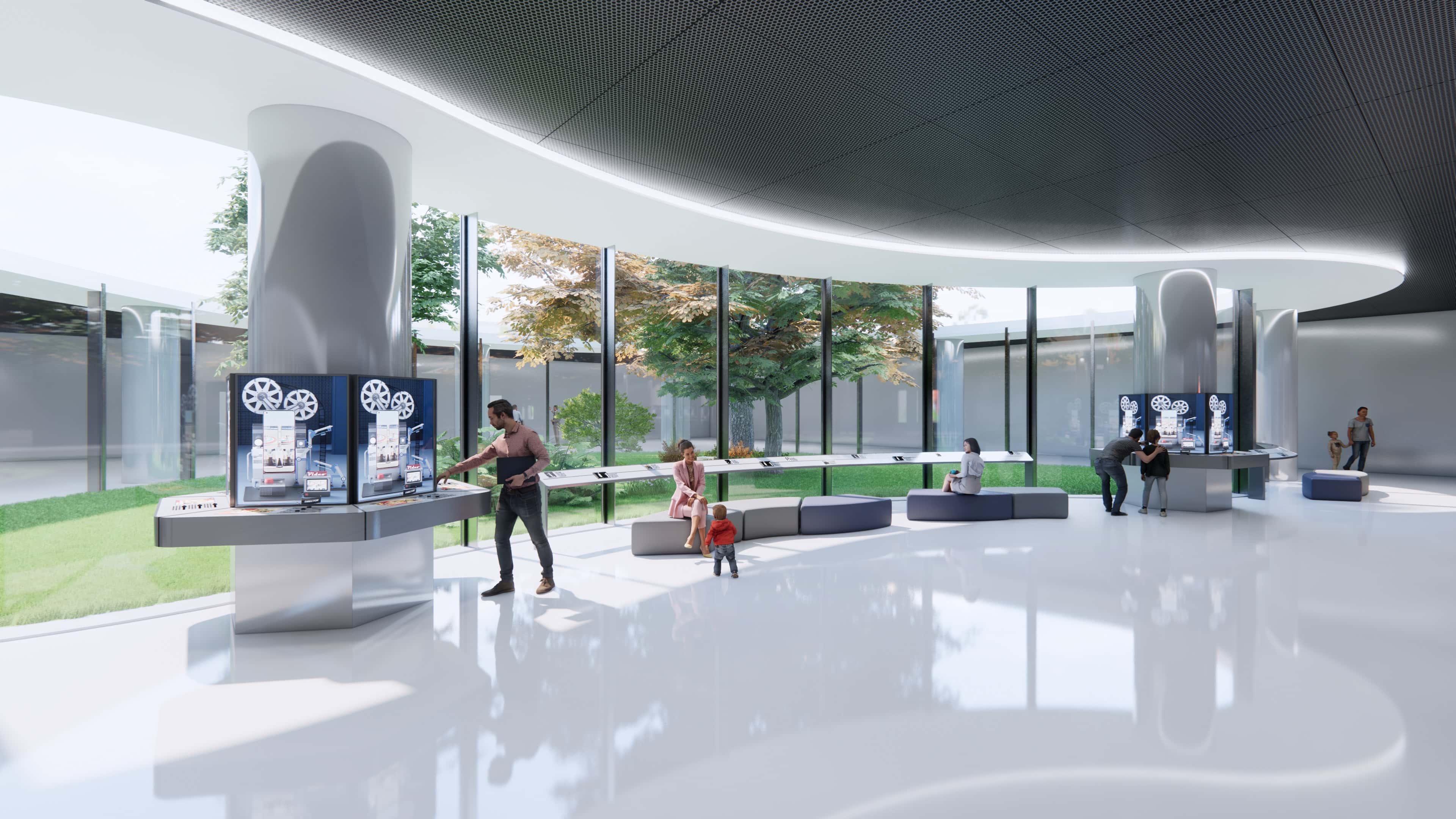 Using the pillars of the space as support，design two sets of interactive installations to showcase the film production process，and also equip leisure chairs to enjoy the scenery outside the window.
