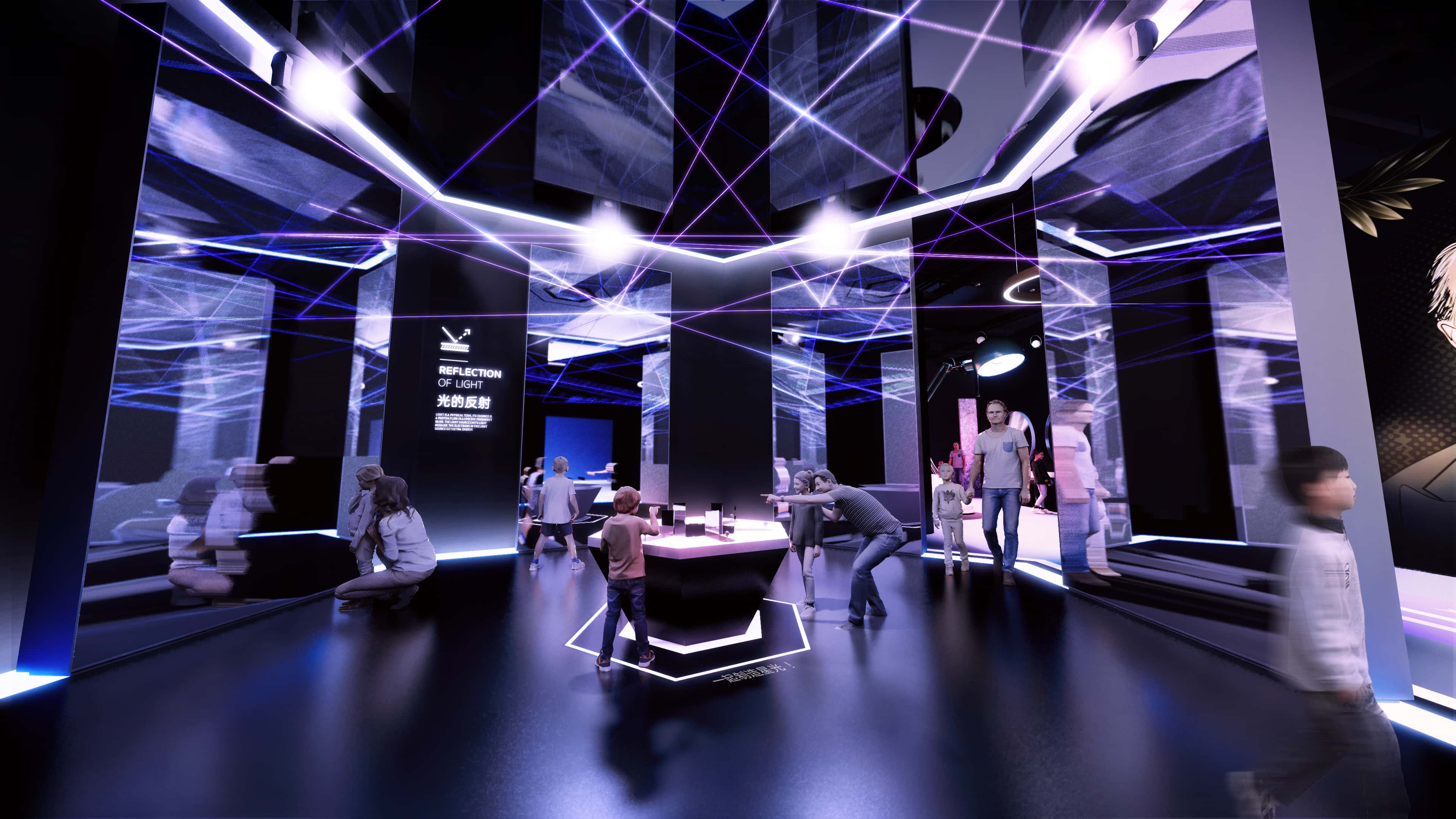 In the mysterious room of the Kingdom of Light，there is an interactive installation on the hexagonal platform in the center of the space，which allows children and parents to interact，play，and learn.