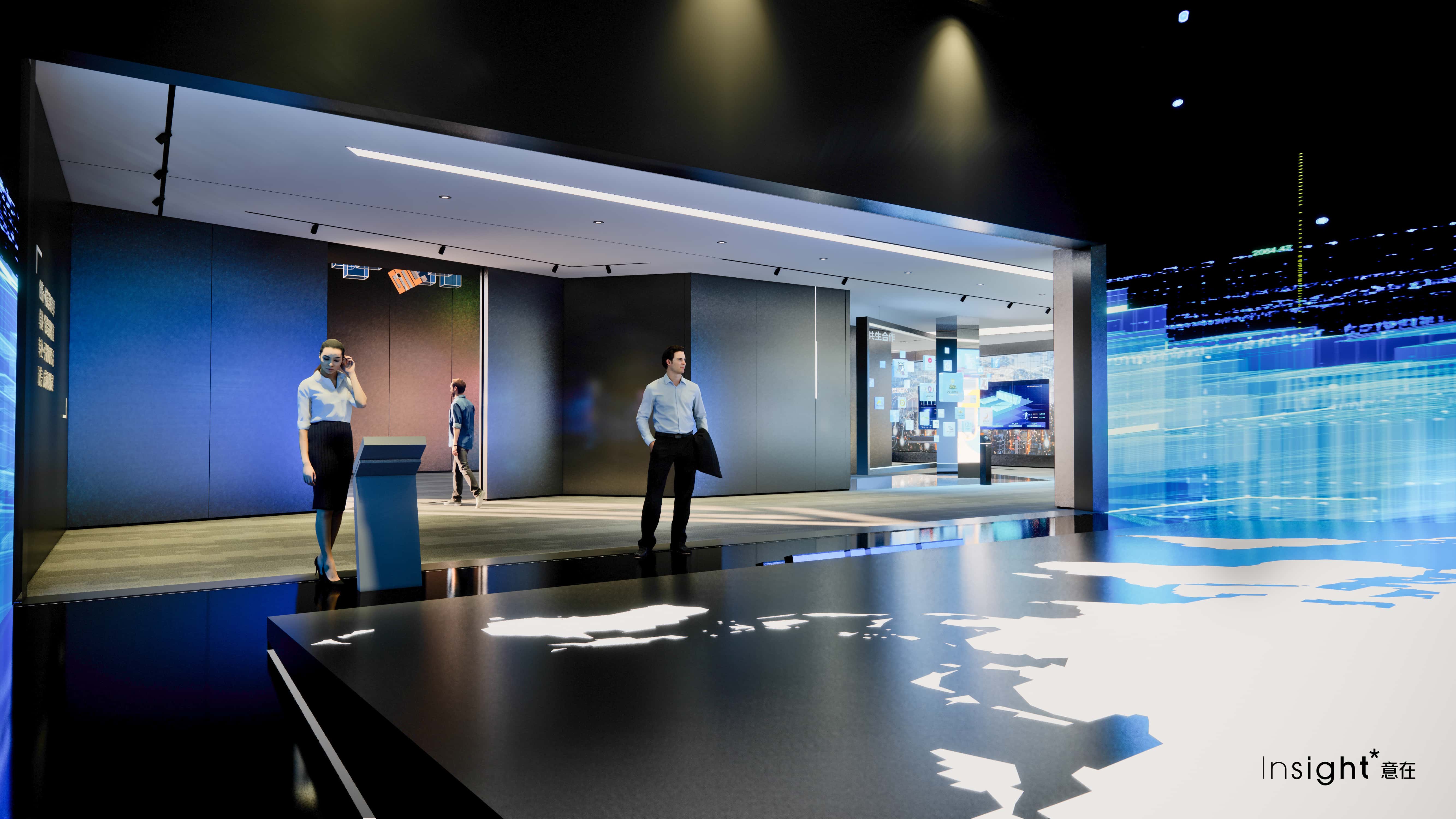 The combination of a triple fold screen and a projection sand table utilizes a mirrored ceiling to extend the sense of space and create an immersive experience space. Showcase corporate planning and vision through a video format.
