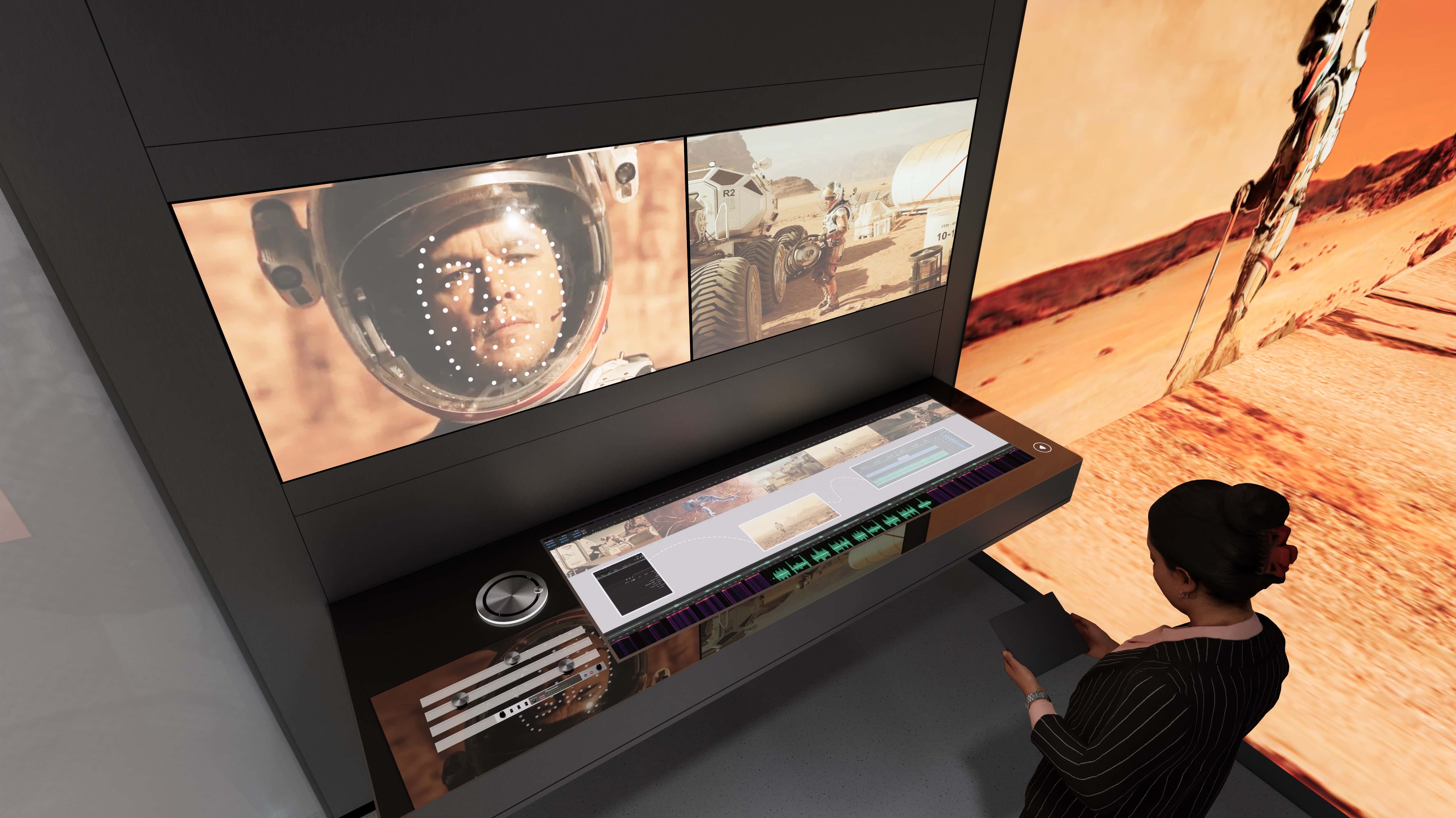 Arriving at this area，one can interact through shooting，recognition，editing，and ultimately shoot and edit a complete video，which will be displayed on a large screen.