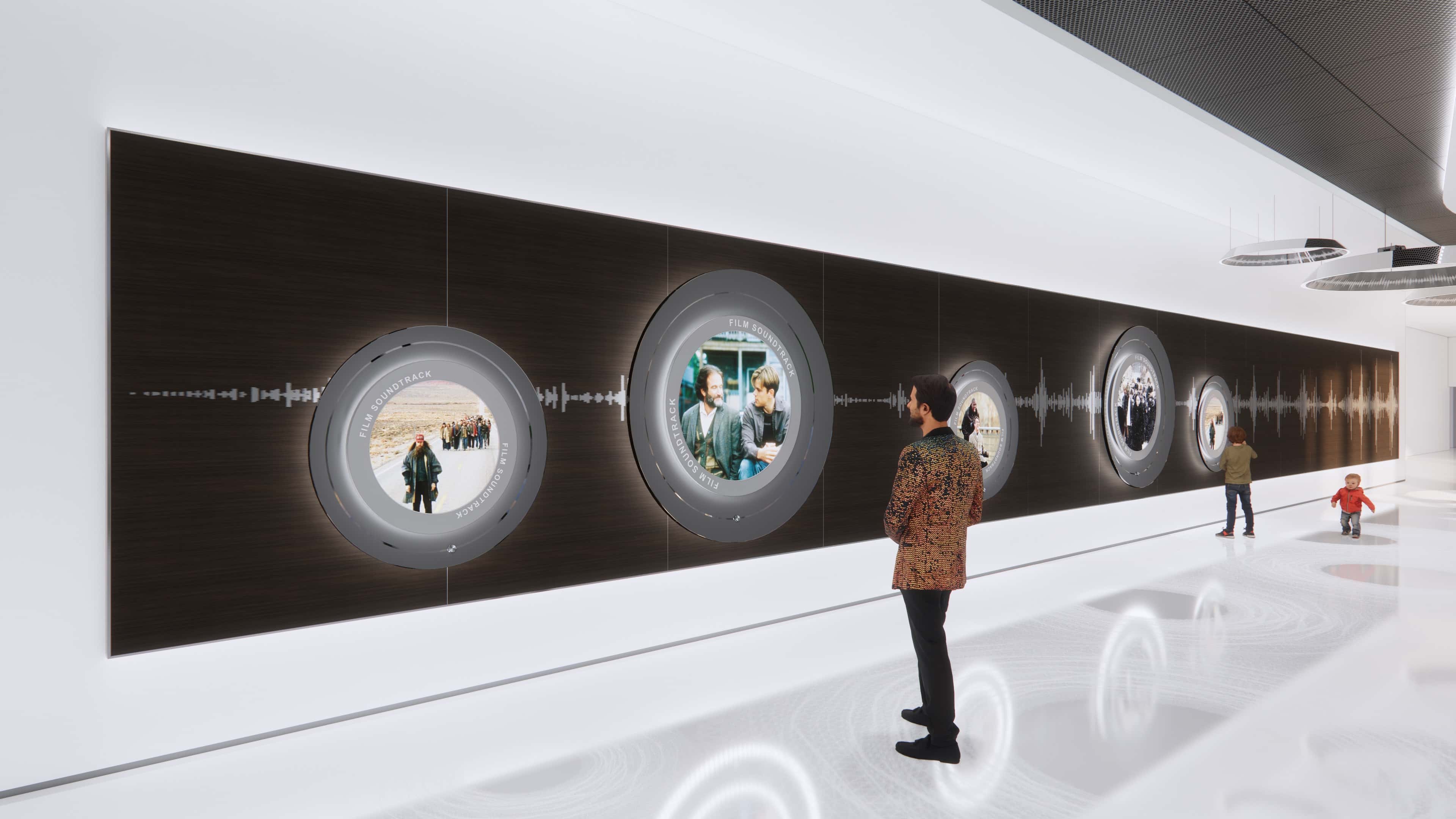 Multiple circular screens are designed here to enhance the fun of exhibition visits through audience recognition，interactive happy sound effects，and dynamic visuals.