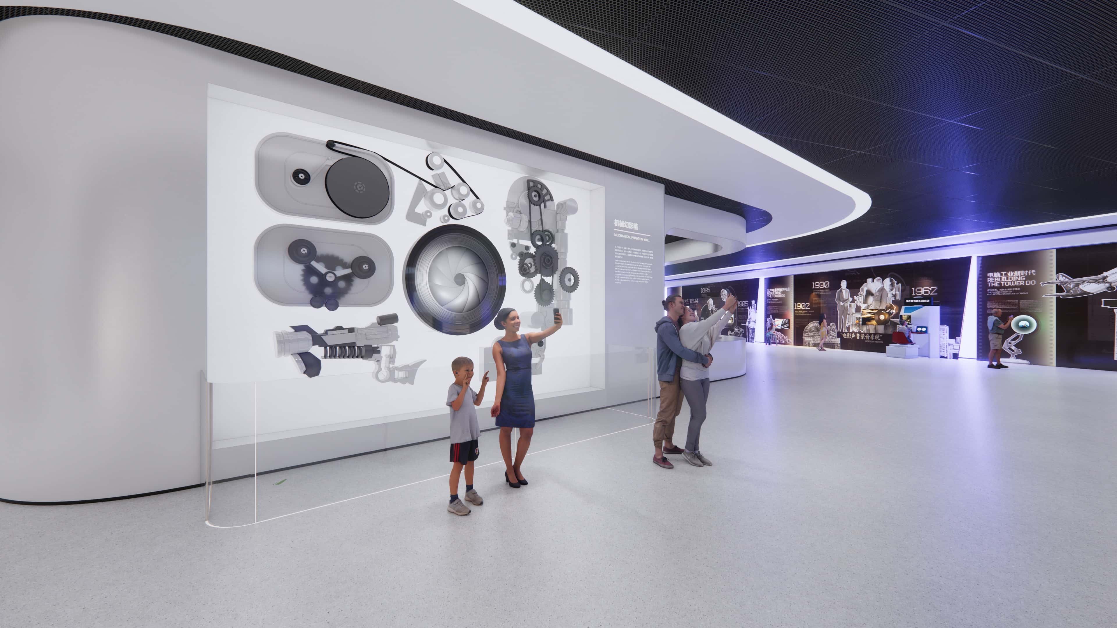 Deconstructing the mechanical parts of the film recording equipment，enlarging the model，and presenting the mechanical phantom wall through an artistic showcase for the audience to check in and take photos.