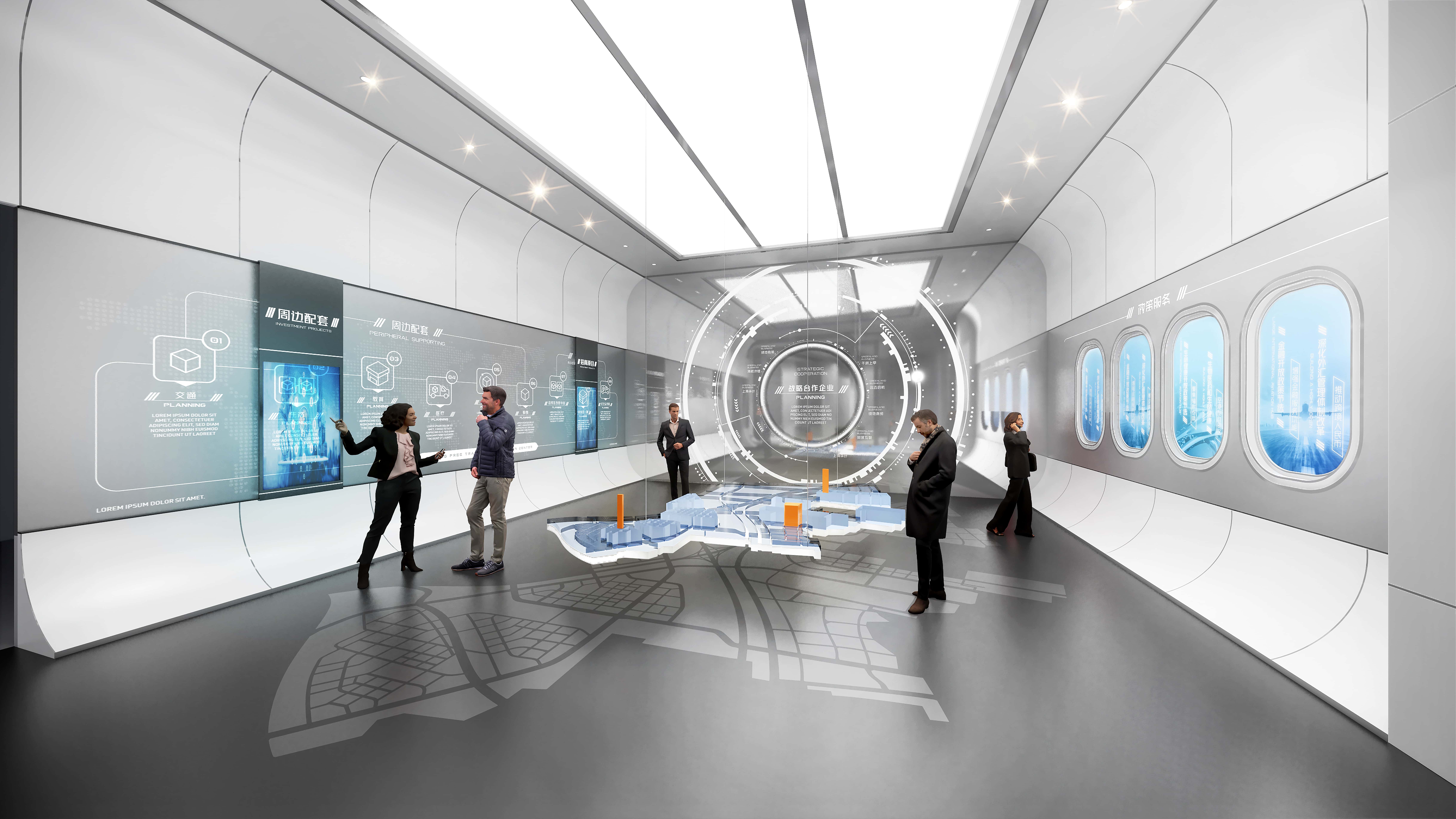 To create a business environment for future aviation cities，a layered map will be set up in the central area to display the industrial characteristics and layout of different areas through a three-dimensional layered sand table.