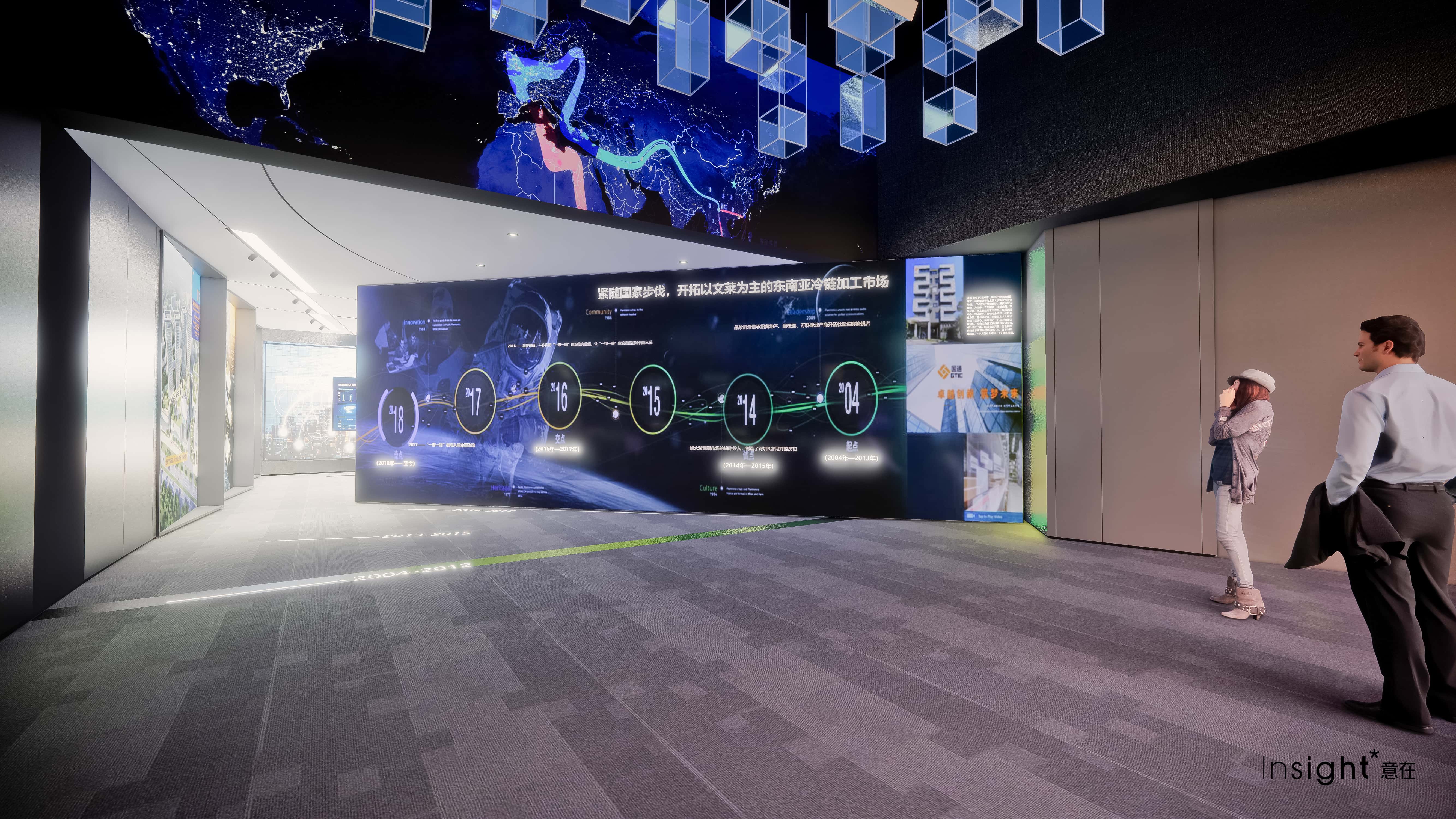 At the end of the film，the automatic door on the lower screen slowly opens，and the illuminated strip displays historical stages based on the timeline on the ground，expressing the close connection between Guotong and national development.