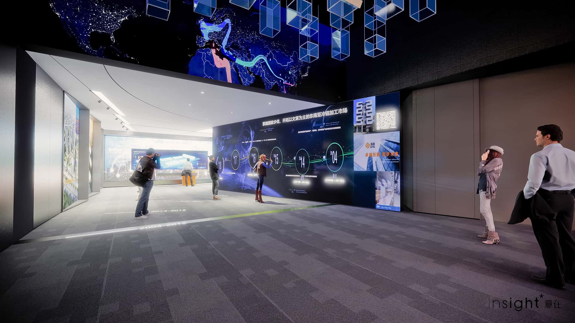 At the end of the film，the automatic door on the lower screen slowly opens，and the illuminated strip displays historical stages based on the timeline on the ground，expressing the close connection between Guotong and national development.