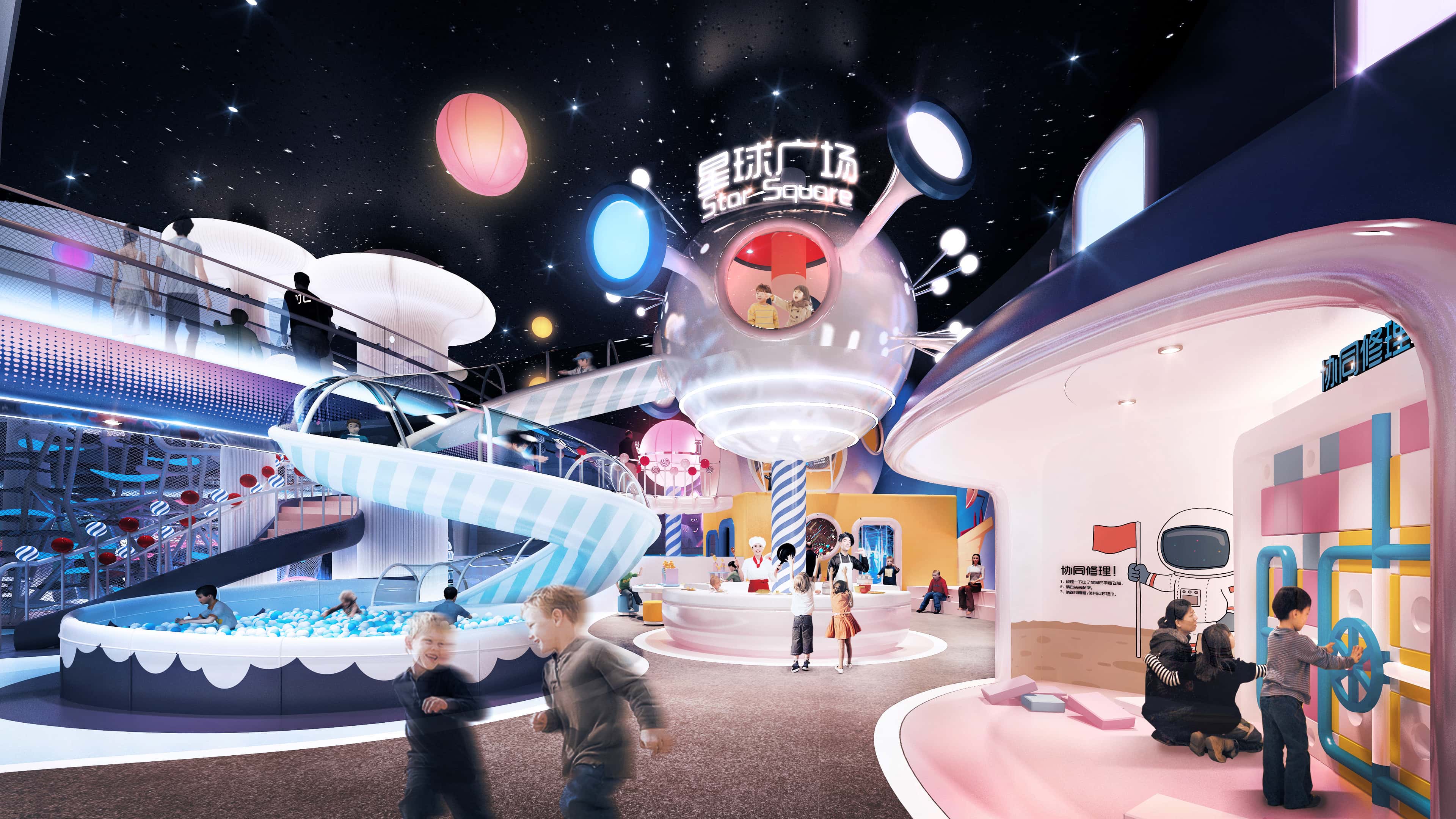 The Alien Square is a gathering place for a large group，where they can make new friends with similar interests and repair spacecraft together to return to Earth.