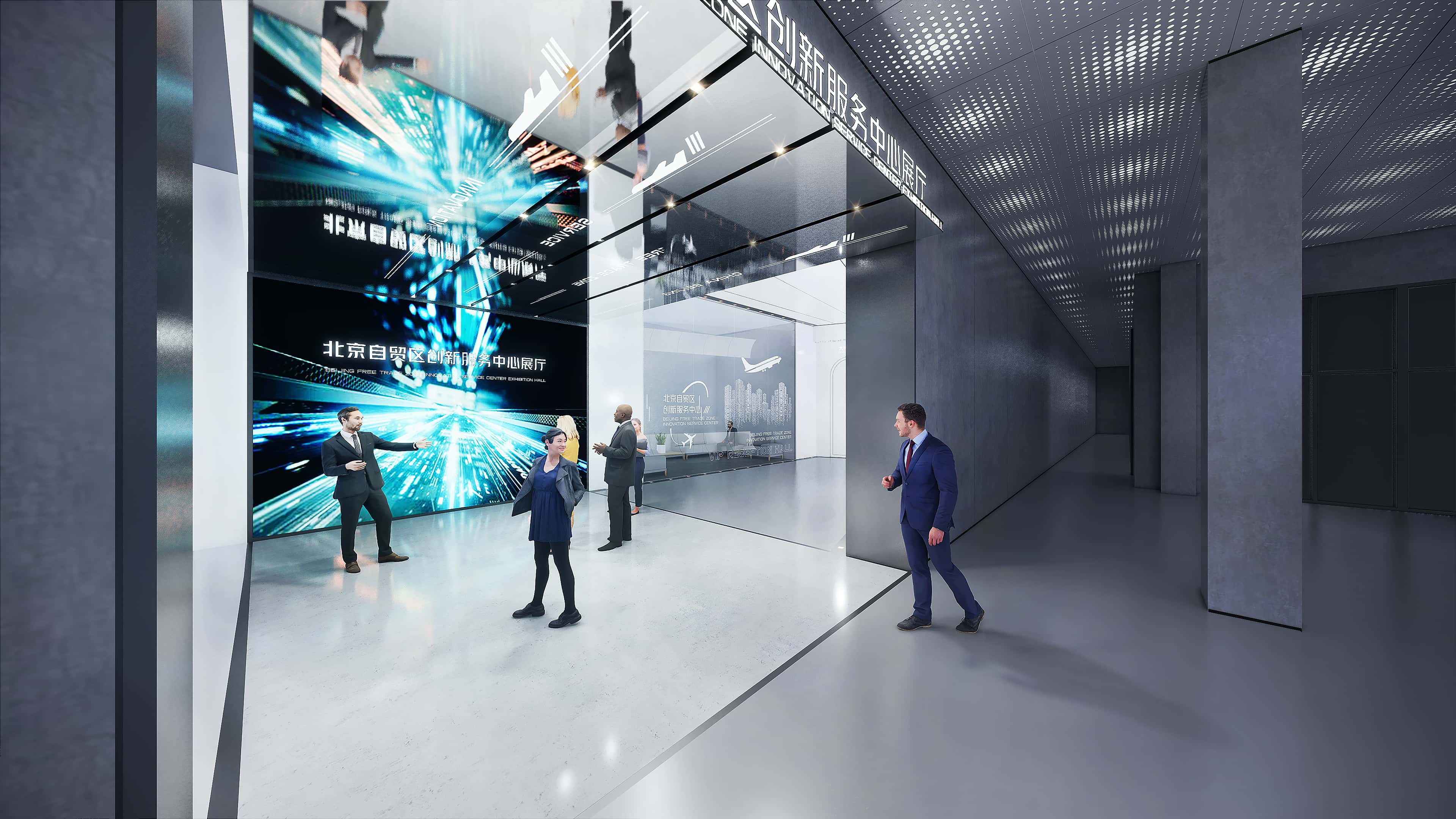 Extracting aviation color elements and using taxiways as the design language，the main screen displays the initial impression that the Daxing Airport area will become a highly open airport type free trade zone.