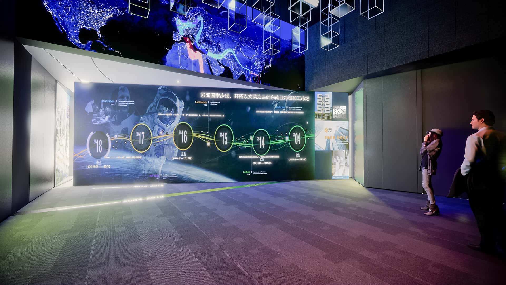 At the end of the film，the automatic door on the lower screen slowly opens，and the illuminated strip displays historical stages based on the timeline on the ground，expressing the close connection between Guotong and national development.