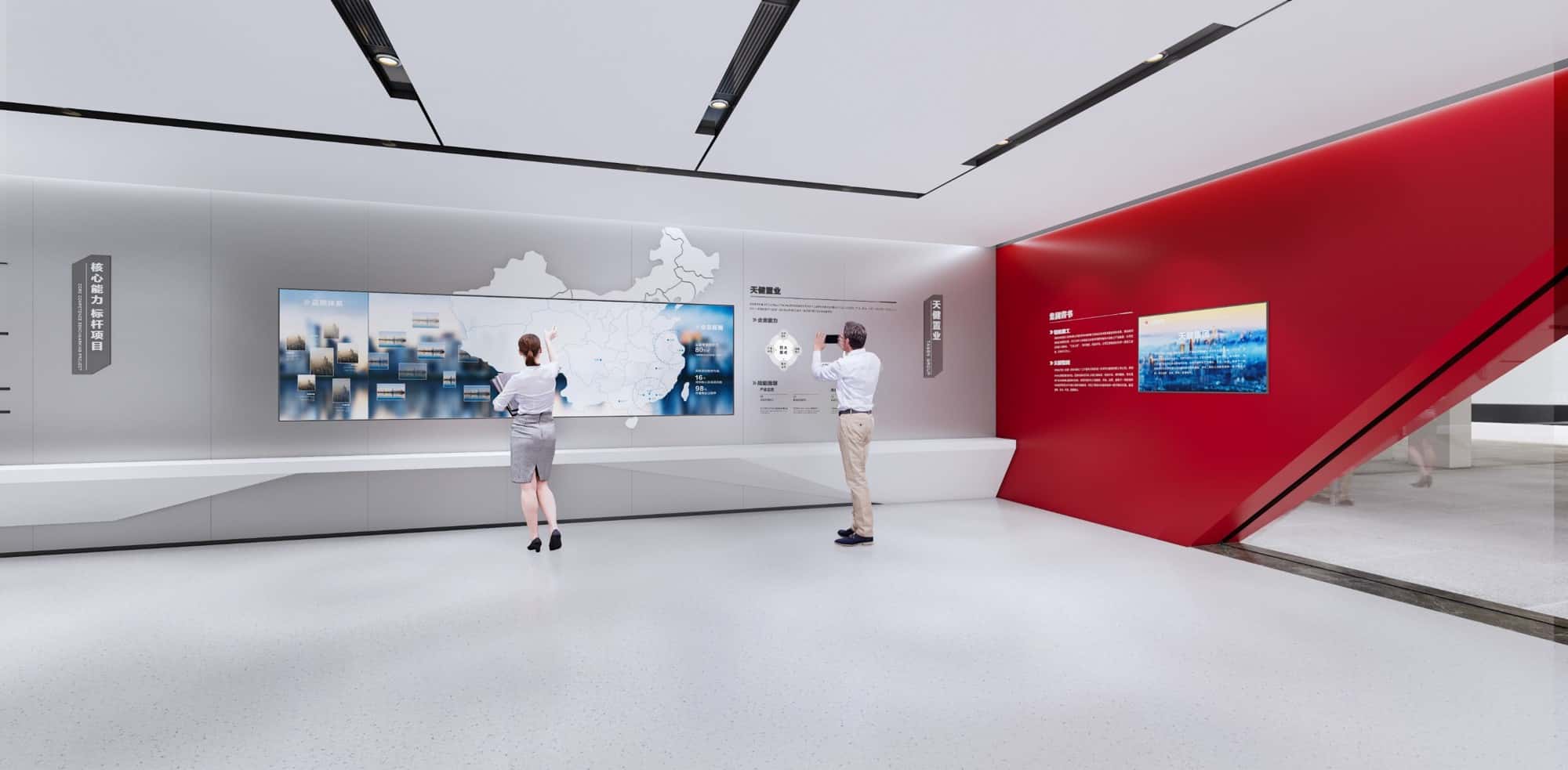 The wall adopts Chinese maps as design elements，with a focus on the East and South China markets，and presents project information through interactive large screens.