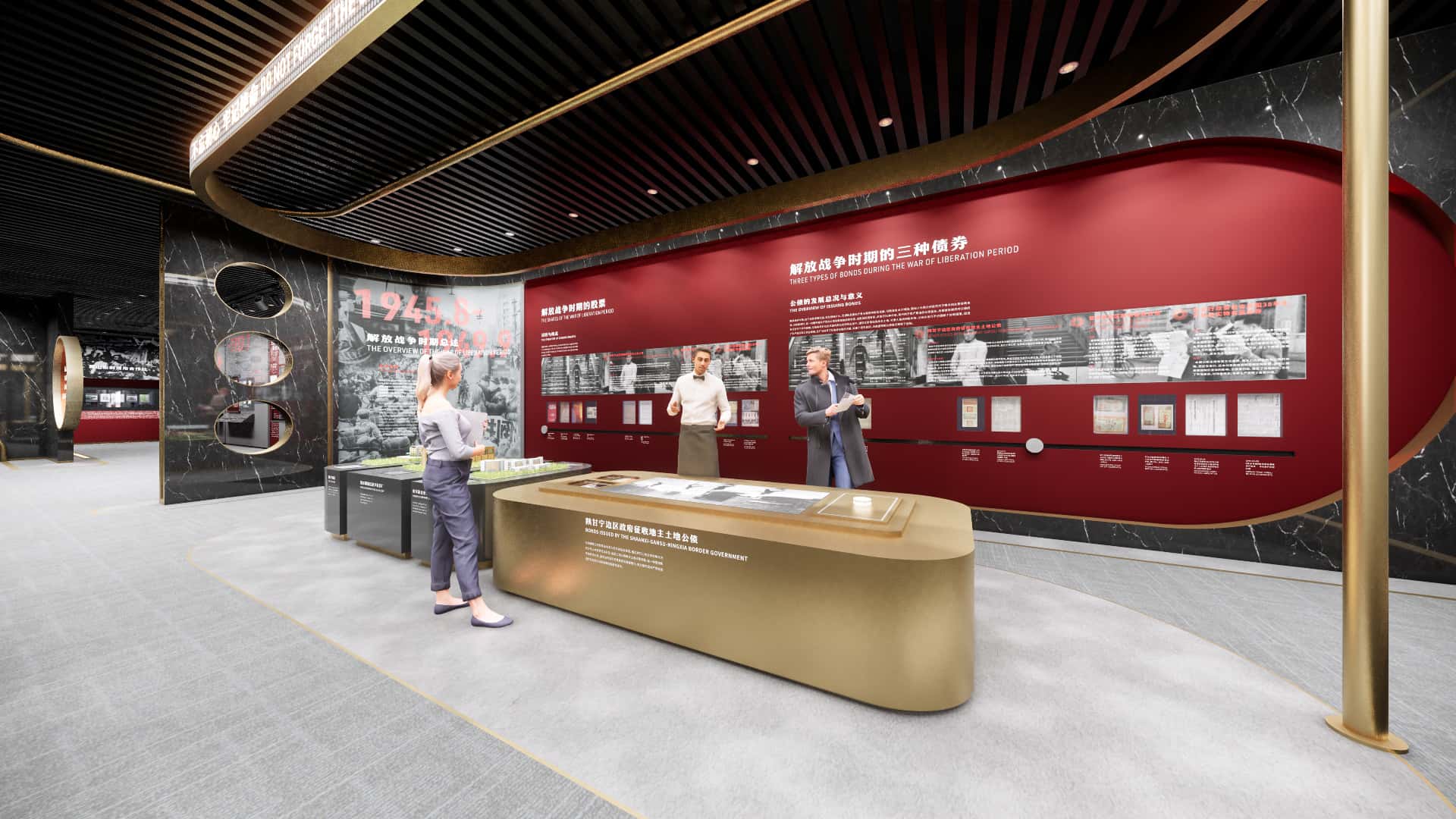 The wall uses sliding interactive screens to present relevant information on economic construction during the Liberation War，providing viewers with in-depth exploration of interesting content.