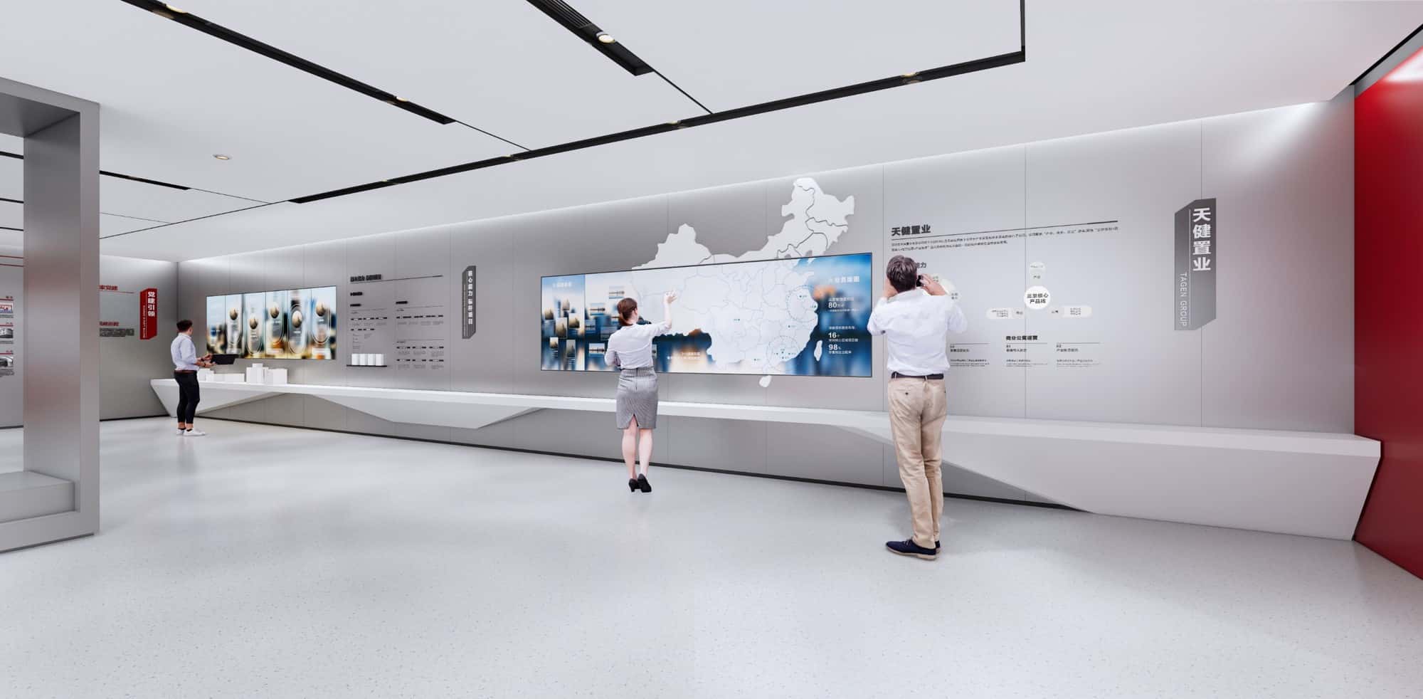 The wall adopts Chinese maps as design elements，with a focus on the East and South China markets，and presents project information through interactive large screens.