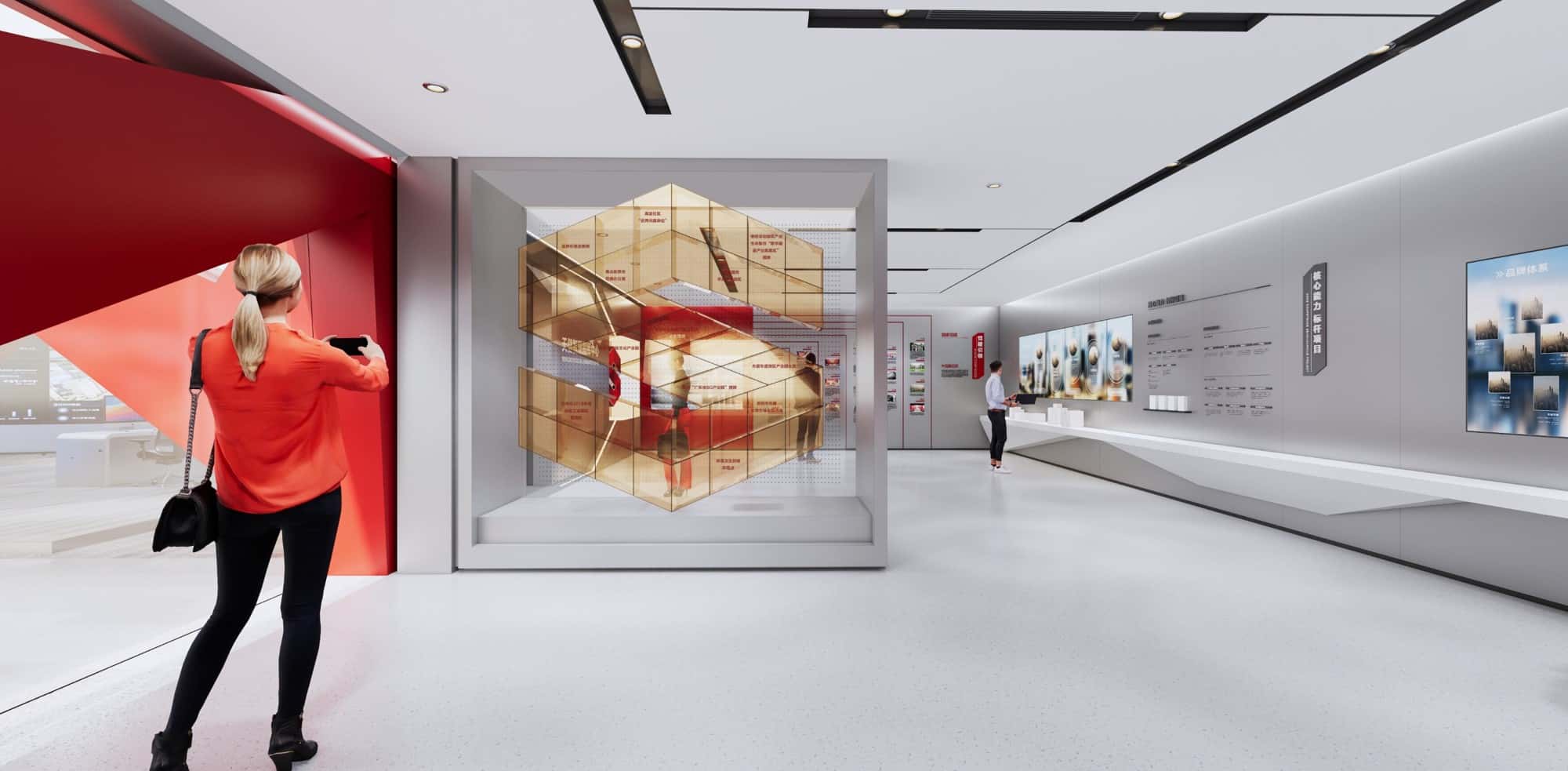 The central design of the logo art installation provides users with a deeper level of human-computer interaction experience through the overlapping of virtual and real elements on a transparent screen.