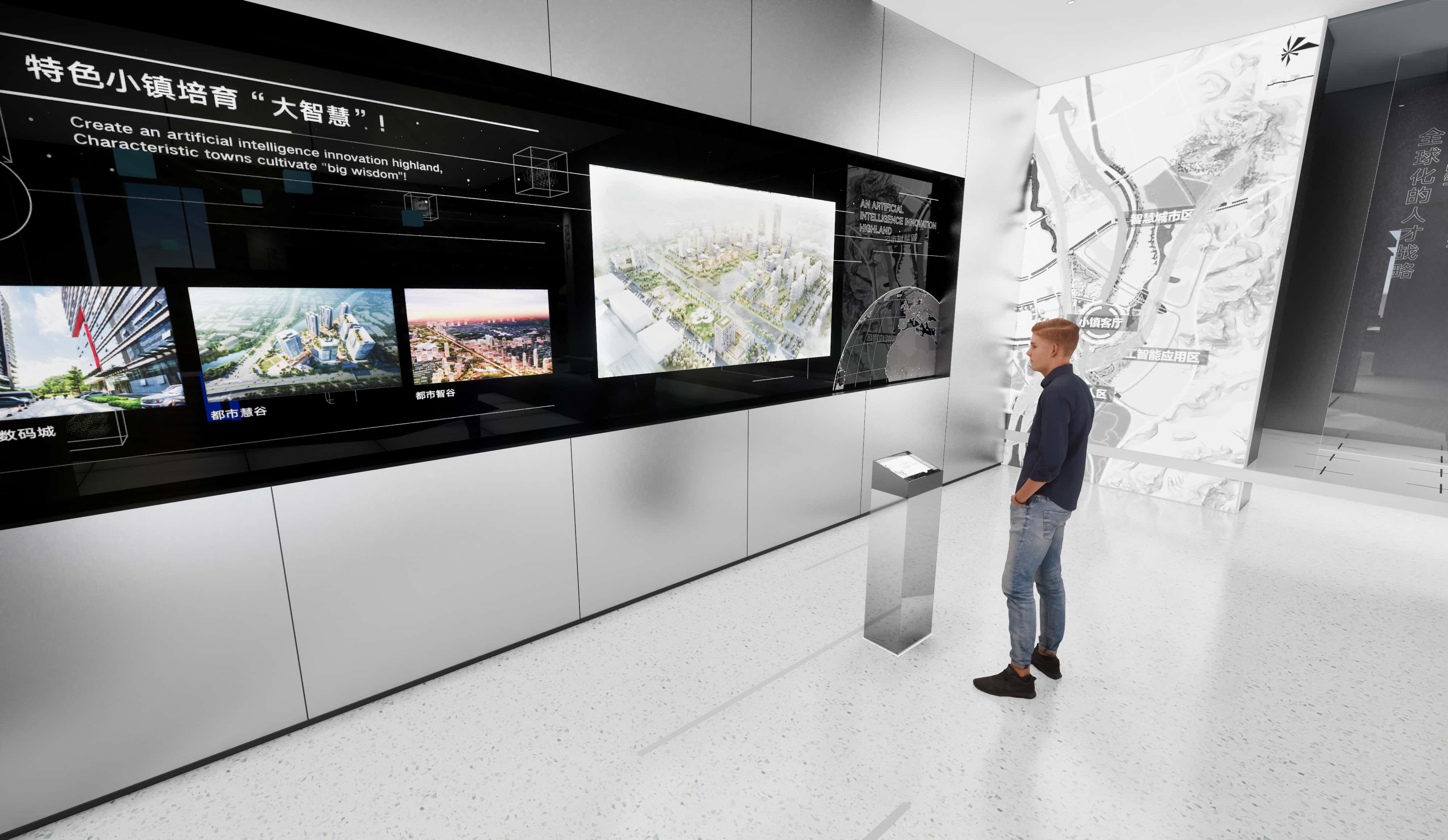 The operation map of this area is displayed in conjunction with an all-in-one machine to showcase the introduction and data presentation of major industry platforms such as Fenggang JD Guangdong Hong Kong Macao Greater Bay Area Headquarters，Jingdong Intelligent，and Urban Intelligence.