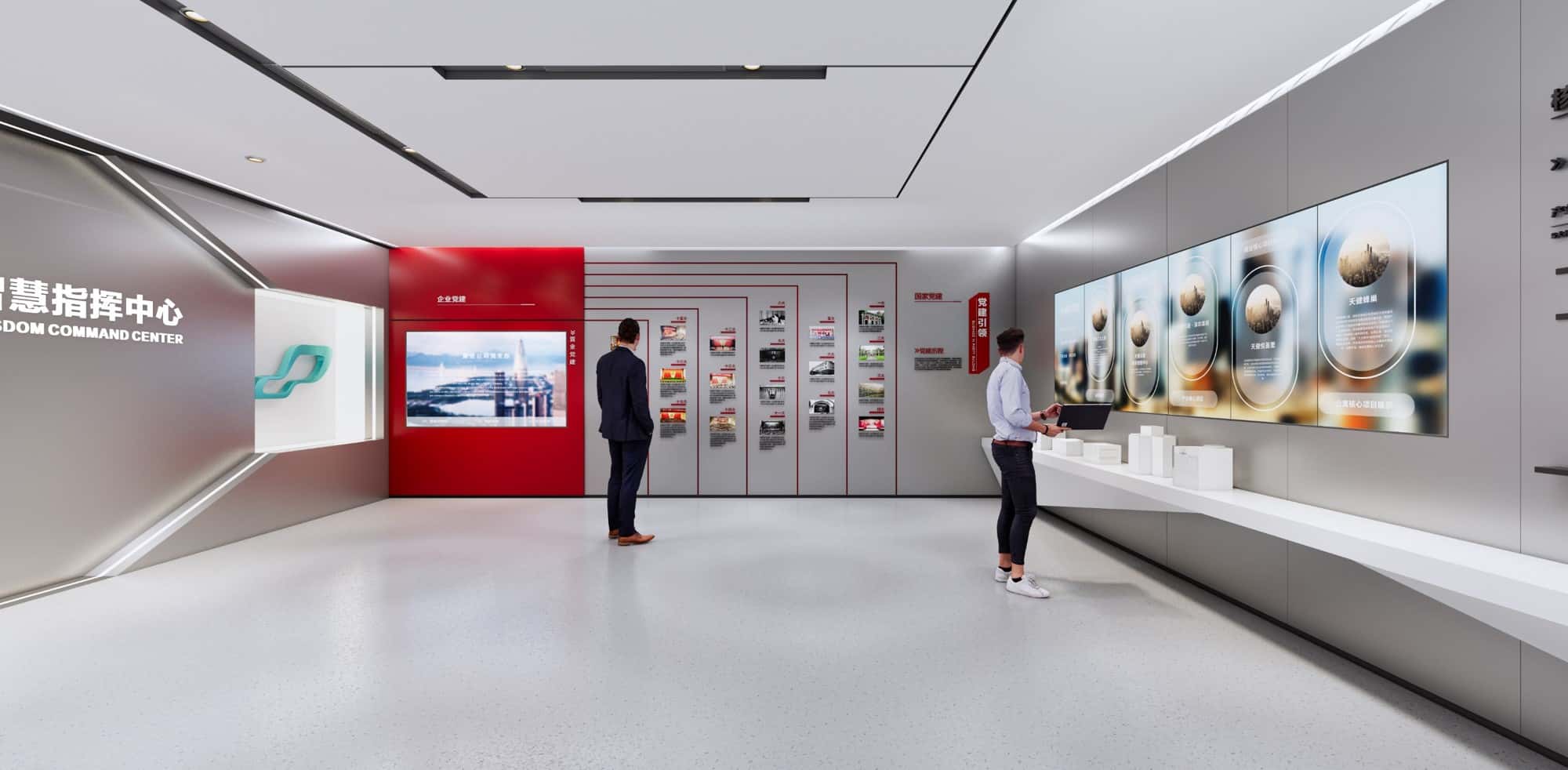 Highlight the red education content with an artistic wall design，while embedding a large screen to showcase distinctive party building content.