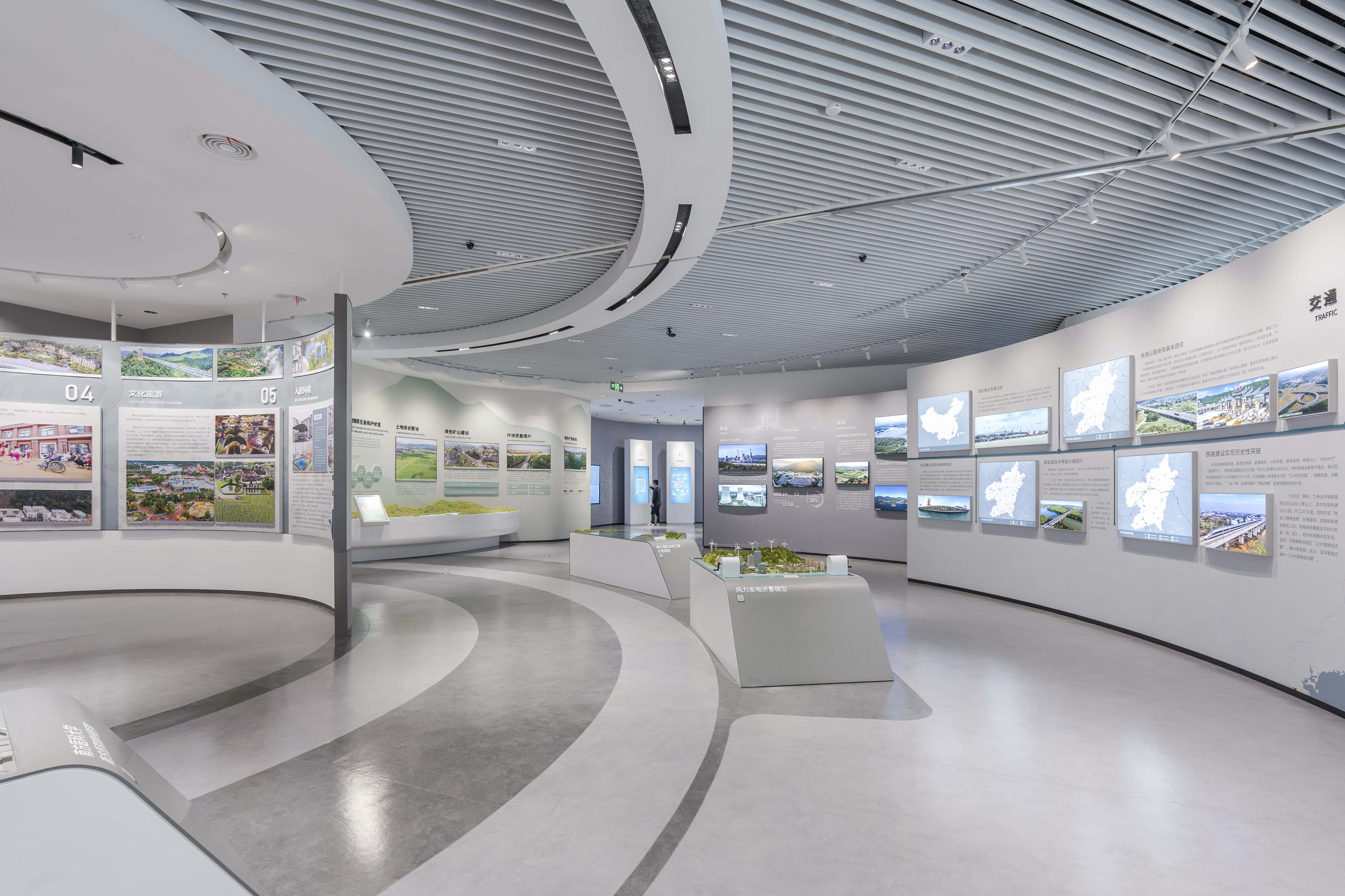According to the overall layout of the Five in One construction，depict the future development vision of Ganzhou through graphic and textual exhibition walls and model island platforms.