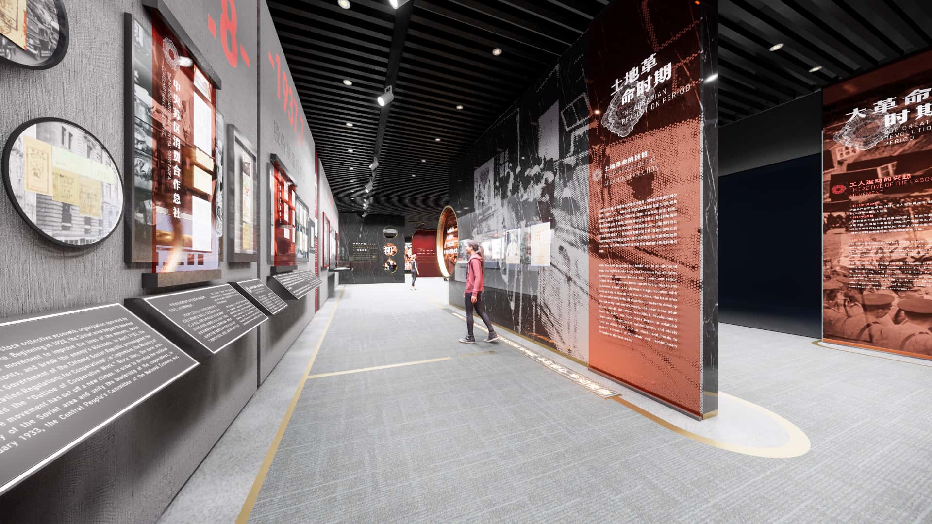 Highlighting a sense of solemnity with black marble walls，combined with clear time points，elaborating on relevant events and object information.
